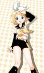  arm_up bad_id bad_pixiv_id blonde_hair blue_eyes bow detached_sleeves hair_ornament hairclip headset kagamine_rin mattaku_mousuke midriff navel open_mouth short_hair shorts smile solo star starry_background vocaloid 