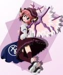  animal_ears earrings fang hat highres jewelry mystia_lorelei pink_hair purple_eyes shoes short_hair solo thighhighs touhou winged_shoes wings zenra_yashiki 