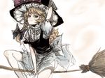  blonde_hair bow braid broom broom_riding brown_eyes hat kirisame_marisa long_hair ribbon serin sketch solo touhou witch_hat 