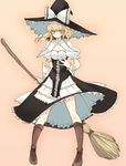 apron bad_id bad_pixiv_id blonde_hair blush boots bow broom cleavage_cutout curiosities_of_lotus_asia hair_bow hat hat_bow kirisame_marisa ribbon short_hair solo takaharu touhou witch_hat wrist_cuffs yellow_eyes 