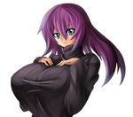  bad_id bad_pixiv_id blue_eyes breasts copyright_request huge_breasts long_hair purple_hair smile solo sweater umino_mokuzu_(a4_size) 