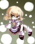  :&lt; annoyed arm_warmers blonde_hair chibi full_body green_background green_eyes leg_warmers mizuhashi_parsee no_nose pointy_ears scarf shirogane_(platinum) short_hair skirt sleeveless solo touhou 