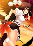  black_hair black_wings blush bobby_socks camera covering covering_ass fan feathers from_behind geta hat hauchiwa looking_at_viewer looking_back no_panties open_mouth orange_eyes shameimaru_aya short_hair sky smile socks solo sunset tengu-geta tokin_hat touhou wings yukizuki_chikuba 