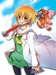  amaaki baseball_bat blonde_hair dress glasses hair_ribbon hairband higurashi_no_naku_koro_ni houjou_satoko labcoat pantyhose red_eyes ribbon sailor_dress short_hair solo stuffed_animal stuffed_toy stun_gun teddy_bear 