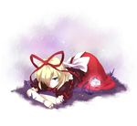  blonde_hair blue_eyes crossed_arms doll_joints dress expressionless full_body hair_ribbon kiji_(manekinuko-tei) lying medicine_melancholy on_stomach red_dress red_ribbon ribbon short_hair solo touhou 