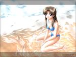  barefoot beach bikini blue_eyes brown_hair kneeling original r's_wallpaper_studio solo swimsuit wallpaper water waves 