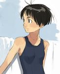  bare_shoulders black_eyes black_hair copyright_request lowres non-web_source one-piece_swimsuit school_swimsuit short_hair sketch solo swimsuit takamichi 
