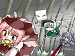  =_= bamboo bamboo_forest chasing chibi closed_eyes drooling fan forest hairband hat konpaku_youmu konpaku_youmu_(ghost) lilish multiple_girls mystia_lorelei nature pink_hair saigyouji_yuyuko short_hair silver_hair sword tears touhou weapon wings you_gonna_get_raped 