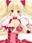  blonde_hair breasts choker cleavage cure_peach dress fresh_precure! hair_ornament heart heart_hair_ornament heart_hands large_breasts long_hair magical_girl momozono_love morozou pink_choker pink_eyes precure smile solo twintails 