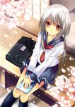  bad_id bad_pixiv_id bag bangs blush book brown_eyes cherry_blossoms collarbone dutch_angle eyebrows_visible_through_hair kneehighs long_hair long_sleeves looking_at_viewer navy_blue_legwear original petals school_bag school_briefcase school_uniform serafuku shirokitsune silver_hair sitting skirt socks solo veranda 