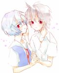  1girl ayanami_rei bad_id bad_pixiv_id blue_hair blush couple eyepatch hetero holding_hands looking_at_viewer nagisa_kaworu neon_genesis_evangelion red_eyes red_ribbon ribbon silver_hair sweater_vest upper_body yoshioka_mitsuko 