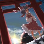  black_hair bow detached_sleeves hakurei_reimu hato_haru solo sun sunrise torii touhou 