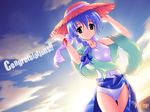  beach blue_eyes blue_hair blue_sarong braid cloud congratulations dutch_angle fujiwara_warawara haruka_ni_aogi_uruwashi_no hat long_hair non-web_source one-piece_swimsuit print_sarong pulltop sarong shiny shiny_clothes sky smile solo straw_hat sun_hat sunset swimsuit takatsuki_tonoko towel 