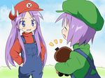  bad_id bad_pixiv_id cosplay costume goomba hat hiiragi_kagami hiiragi_tsukasa long_hair lucky_star luigi luigi_(cosplay) mario mario_(cosplay) mario_(series) maruki_(punchiki) multiple_girls overalls parody siblings sisters super_mario_bros. sweatdrop twins 