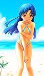  beach blue_hair blush brown_eyes cloud covering covering_crotch day embarrassed flat_chest highres idolmaster idolmaster_(classic) idolmaster_1 jpeg_artifacts kisaragi_chihaya leaning_forward long_hair navel non-web_source ocean open_mouth outdoors palm_tree skindentation sky slingshot_swimsuit solo swimsuit takayaki tree water wind 