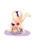  ass bad_id bad_pixiv_id barefoot bikini blush braid durandal_(kei) feet headstand highres long_hair silver_hair solo swimsuit touhou upside-down yagokoro_eirin 