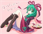  boots des front_ponytail green_eyes green_hair hair_ribbon kagiyama_hina kedama long_hair ribbon solo touhou translated 