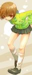  brown_eyes brown_hair jacket kneehighs mari_(mari^3) persona persona_4 pins satonaka_chie short_hair skirt socks solo tomboy track_jacket 