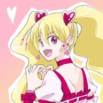  bad_id bad_pixiv_id blonde_hair bow choker cure_peach earrings fresh_precure! gorou hair_ornament heart heart_earrings heart_hair_ornament heart_hands jewelry long_hair magical_girl momozono_love pink_bow pink_choker pink_eyes precure smile solo twintails 