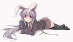  :o animal_ears arm_support blazer bunny_ears bunny_tail jacket lavender_hair long_hair lying mzyk necktie on_stomach pleated_skirt red_eyes reisen_udongein_inaba skirt solo tail thighhighs touhou zettai_ryouiki 