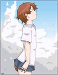  baseball_mitt brown_hair cloud day konno_makoto looking_up lowres niea oekaki short_hair skirt sky solo toki_wo_kakeru_shoujo 