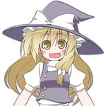  blonde_hair blush bow duplicate hair_bow hat kirisame_marisa long_hair looking_at_viewer open_mouth puffy_short_sleeves puffy_sleeves short_sleeves simple_background solo souto touhou upper_body white_background witch_hat yellow_eyes 