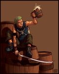  artist_request barrel cup froth green_hair grin katana male_focus mug one_piece roronoa_zoro simple_background skull_and_crossbones smile solo sword weapon 