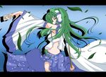  bare_shoulders detached_sleeves floating_hair frog_hair_ornament from_behind green_eyes green_hair hair_ornament hair_tubes japanese_clothes kochiya_sanae leaf letterboxed long_hair long_sleeves looking_back nontraditional_miko outstretched_arm shirosuzu solo standing touhou very_long_hair wind 