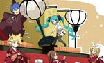  3girls angry aqua_hair blush drunk hat hatsune_miku hina_ningyou ixy japanese_clothes kagamine_len kagamine_rin kaito kimono meiko multiple_boys multiple_girls surprised sweatdrop tantrum tate_eboshi tears thighhighs twintails vocaloid world_is_mine_(vocaloid) zettai_ryouiki 