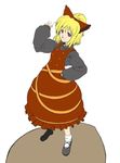  blonde_hair bow breasts brown_eyes buttons cea_se dress hair_bow hair_ribbon hand_on_hip kurodani_yamame long_sleeves medium_breasts open_mouth ribbon shoes short_hair socks solo touhou 