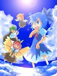  antennae bad_id bad_pixiv_id blue_eyes blue_hair cape cirno fishing_rod green_hair hair_ribbon haradaiko_(arata_himeko) hat multiple_girls mystia_lorelei ocean pink_hair ribbon rumia short_hair team_9 touhou water wings wriggle_nightbug 