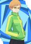  brown_eyes brown_hair glasses jacket nanahime persona persona_4 pins satonaka_chie short_hair skirt smile solo tomboy track_jacket yellow-framed_eyewear zipper 