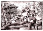  absurdres feet highres monochrome moriya_suwako nobita purple solo thighhighs touhou traditional_media 