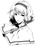  32 :d alice_margatroid greyscale hairband looking_at_viewer monochrome open_mouth parted_lips short_hair simple_background smile solo touhou upper_body white_background 
