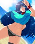  bad_id bad_pixiv_id beach blue_eyes blue_hair breasts copyright_request day huge_breasts long_hair solo thighhighs za_(artist) 