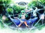  akashio_(loli_ace) bad_id bad_pixiv_id blue_eyes detached_sleeves green_hair kochiya_sanae long_hair midriff pose shrine skirt skirt_lift snake solo touhou tree 