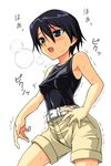  artist_request bare_shoulders belt black_hair blue_eyes blush breasts character_request copyright_request covered_nipples non-web_source short_hair shorts small_breasts solo sweat tank_top trembling 