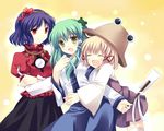  bad_id bad_pixiv_id hair_ornament hat hug kochiya_sanae leaf_hair_ornament moriya_suwako multiple_girls takase_kanan touhou yasaka_kanako 