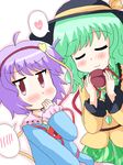  blush closed_eyes geetsu green_hair hat heart komeiji_koishi komeiji_satori multiple_girls pink_eyes pink_hair purple_hair red_eyes short_hair siblings sisters speech_bubble spoken_blush spoken_heart touhou 