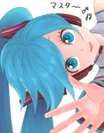  blue_eyes blue_hair hatsune_miku highres nyamomi solo vocaloid waving 