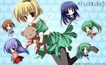  blonde_hair blue_eyes blue_hair brown_hair chibi dress flower furude_rika green_hair green_skirt hairband half_updo hanyuu highres higurashi_no_naku_koro_ni horns houjou_satoko inugami_kira long_hair multiple_girls pantyhose ponytail purple_hair red_eyes ryuuguu_rena sailor_dress school_uniform serafuku siblings sisters skirt sonozaki_mion sonozaki_shion stuffed_animal stuffed_toy teddy_bear twins wallpaper 