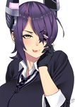  checkered checkered_neckwear eyepatch gloves hand_on_own_face highres kantai_collection necktie purple_hair short_hair signature simple_background solo tenryuu_(kantai_collection) tongue yellow_eyes zonda_(solid_air) 