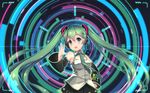  bad_id bad_pixiv_id detached_sleeves green_eyes green_hair hand_on_hip hatsune_miku headset hebinui highres long_hair necktie open_mouth skirt solo twintails very_long_hair vocaloid 