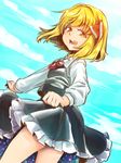  blonde_hair blush bow from_side hair_bow open_mouth red_eyes rumia shirane_koitsu skirt skirt_lift sky solo touhou 