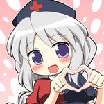  braid commentary_request hat heart heart_hands looking_at_viewer moe_moe_kyun! nurse_cap open_mouth pink_background puffy_sleeves purple_eyes shirt short_sleeves silver_hair smile solo touhou usagi_koushaku yagokoro_eirin 