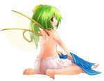  ass back barefoot bloomers blush breasts daiyousei fairy_wings full_body green_eyes green_hair hair_ribbon jagabutter long_hair looking_at_viewer ribbon side_ponytail simple_background sitting small_breasts solo topless touhou underwear underwear_only wariza white_background white_bloomers wings 