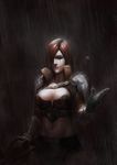  1girl bling_(wnsdud34) breasts cleavage dark gloves katarina_du_couteau large_breasts league_of_legends long_hair midriff navel rain red_hair scar smile teemo 