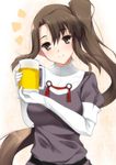  alcohol bad_id bad_pixiv_id beer beer_mug belt blush brown_eyes brown_hair cup elbow_gloves gloves holding holding_cup kantai_collection long_hair nachi_(kantai_collection) ponytail side_ponytail skirt solo white_gloves yappen 