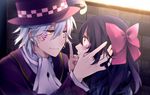  1girl ayazuki_mei bad_id bad_pixiv_id bow charlie_(meiji_tokyo_renka) formal hair_bow hat highres long_hair meiji_tokyo_renka monocle purple_hair ribbon sakura_yuki_(clochette) short_hair silver_hair suit tears top_hat yellow_eyes 