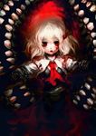  ascot blonde_hair blood blood_on_face bloody_clothes chain darkness fangs hair_ribbon highres horror_(theme) looking_at_viewer open_mouth outstretched_arms red_eyes ribbon rumia shirt skirt skirt_set solo spark621 touhou vest 